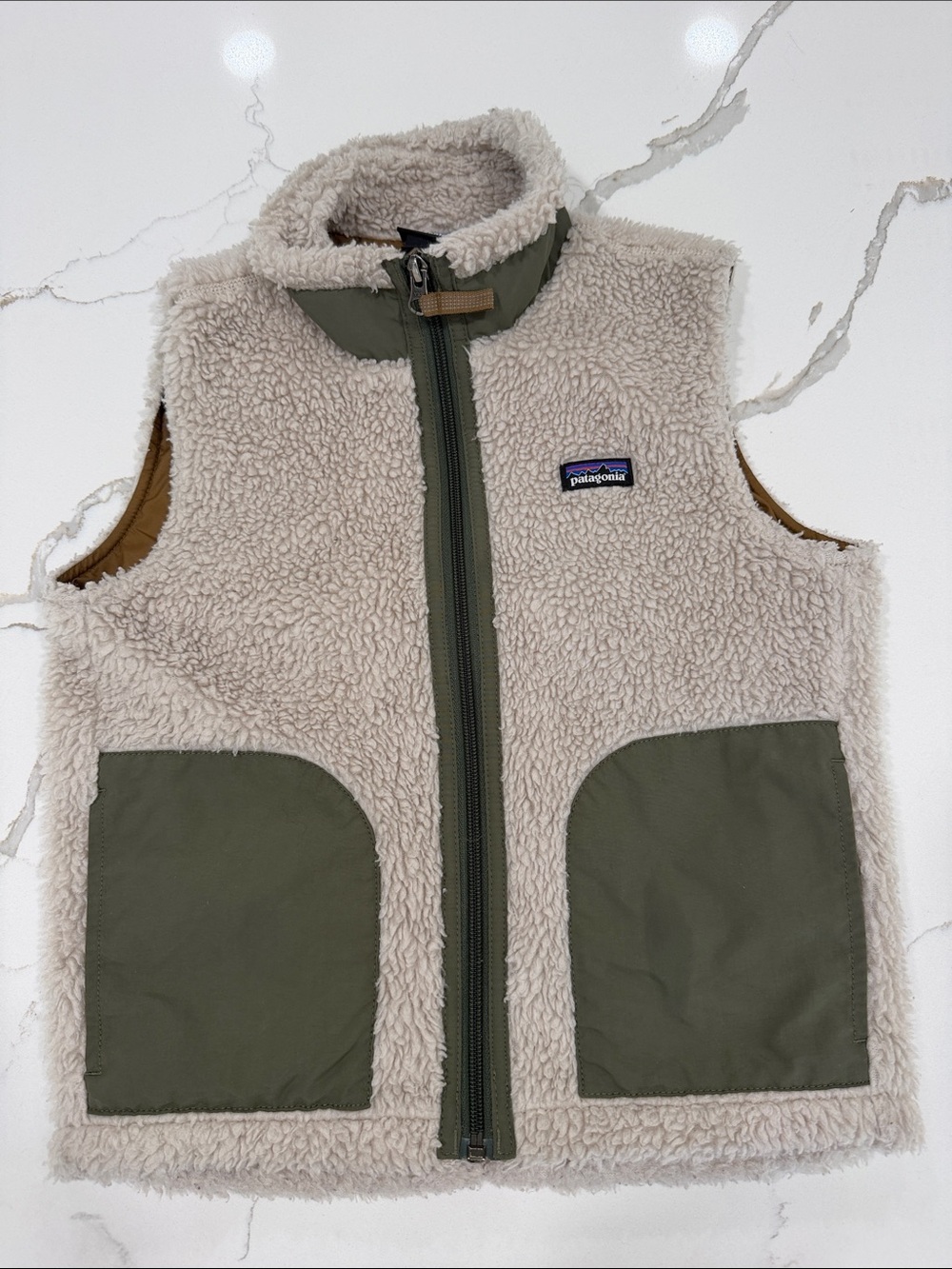Patagonia Kids Cream Sherpa Vest with Olive Green Pockets and Trim